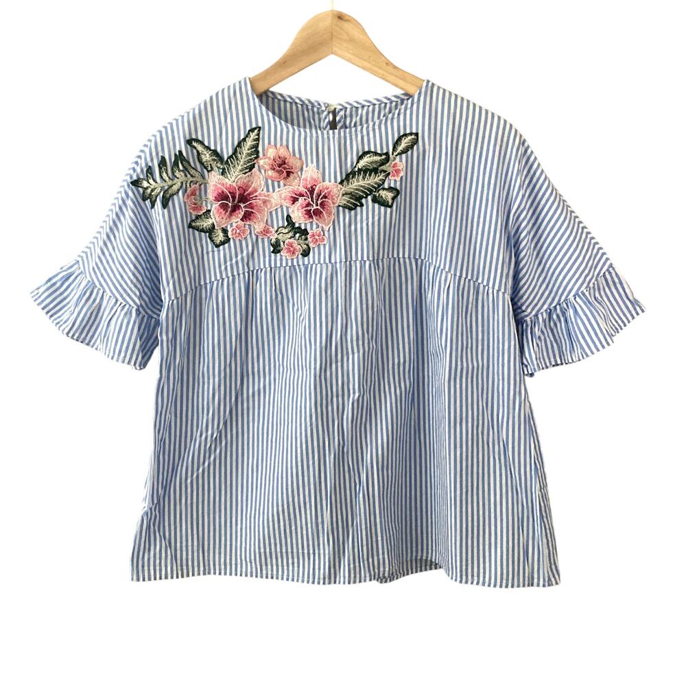 Striped Embroidered Floral Babydoll Top Bell Sleeves